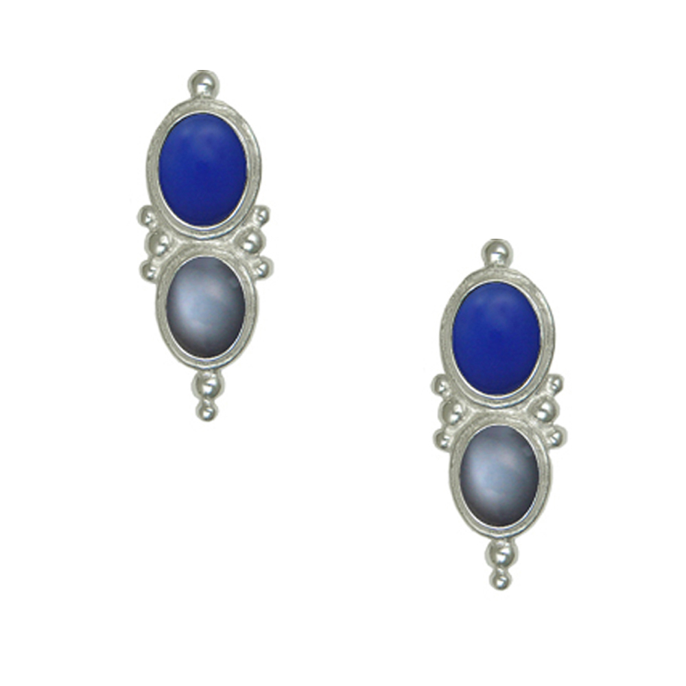 Sterling Silver Drop Dangle Earrings With Blue Onyx And Grey Moonstone